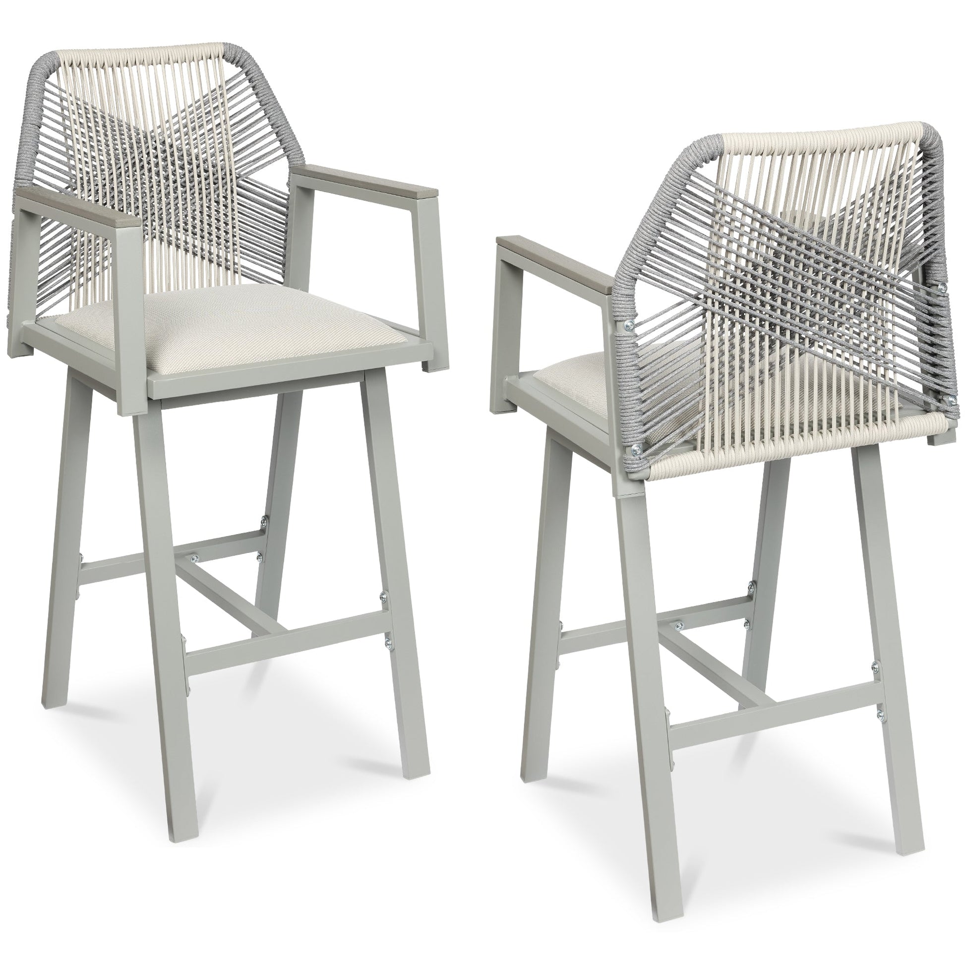 Set of 2 Indoor/Outdoor Aluminum Swivel Barstools with Arms All-Weather Rope