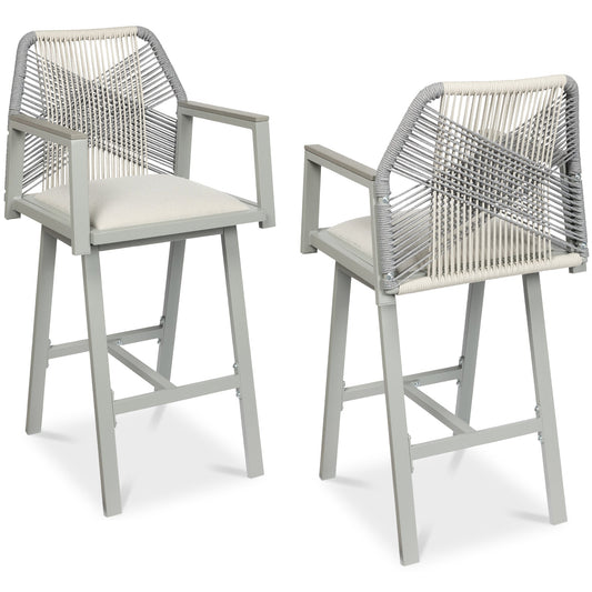 Set of 2 Indoor/Outdoor Aluminum Swivel Barstools with Arms All-Weather Rope
