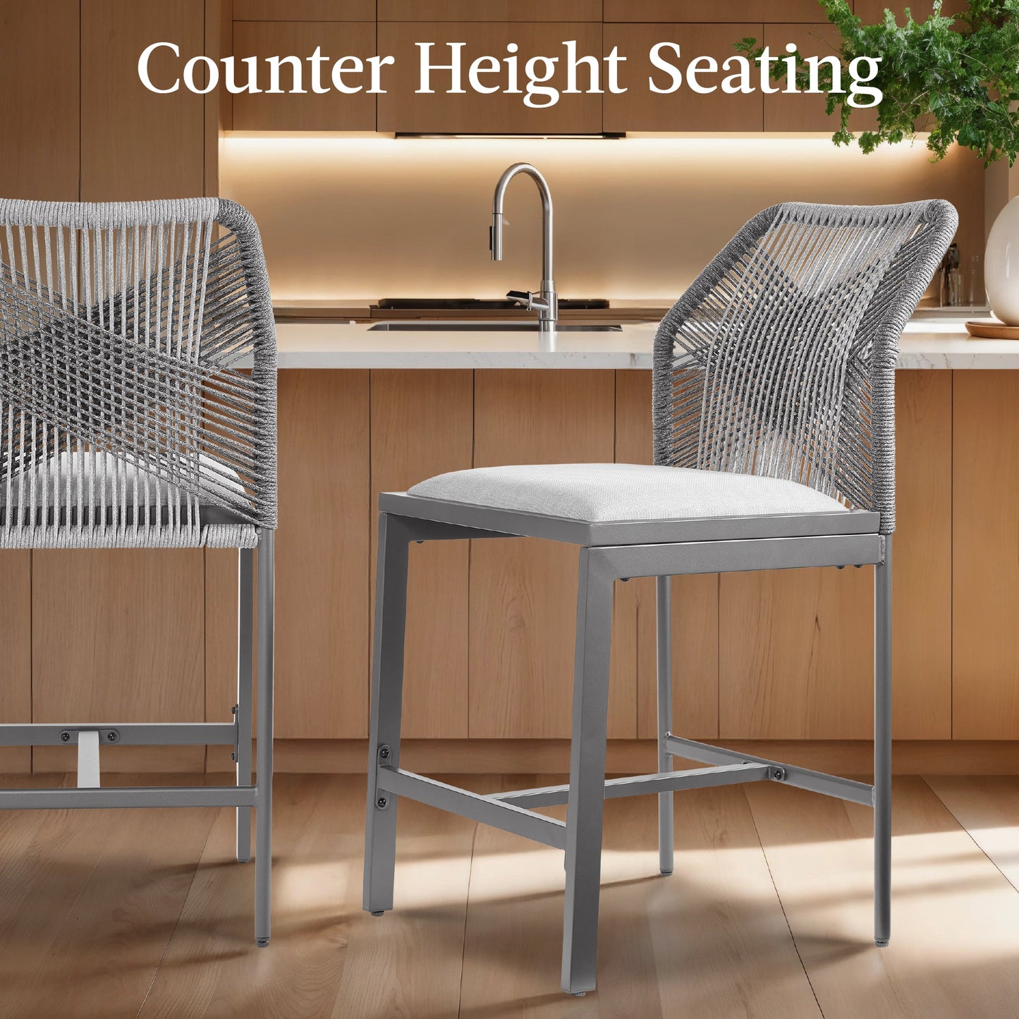 Set of 2 Indoor Outdoor Counter Height Bar Stools w/ All-Weather Rope