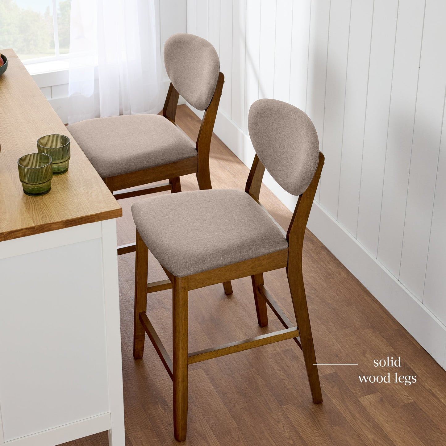 2-Piece Mid-Century Modern Wood & Upholstered Counter Height Bar Stool Set