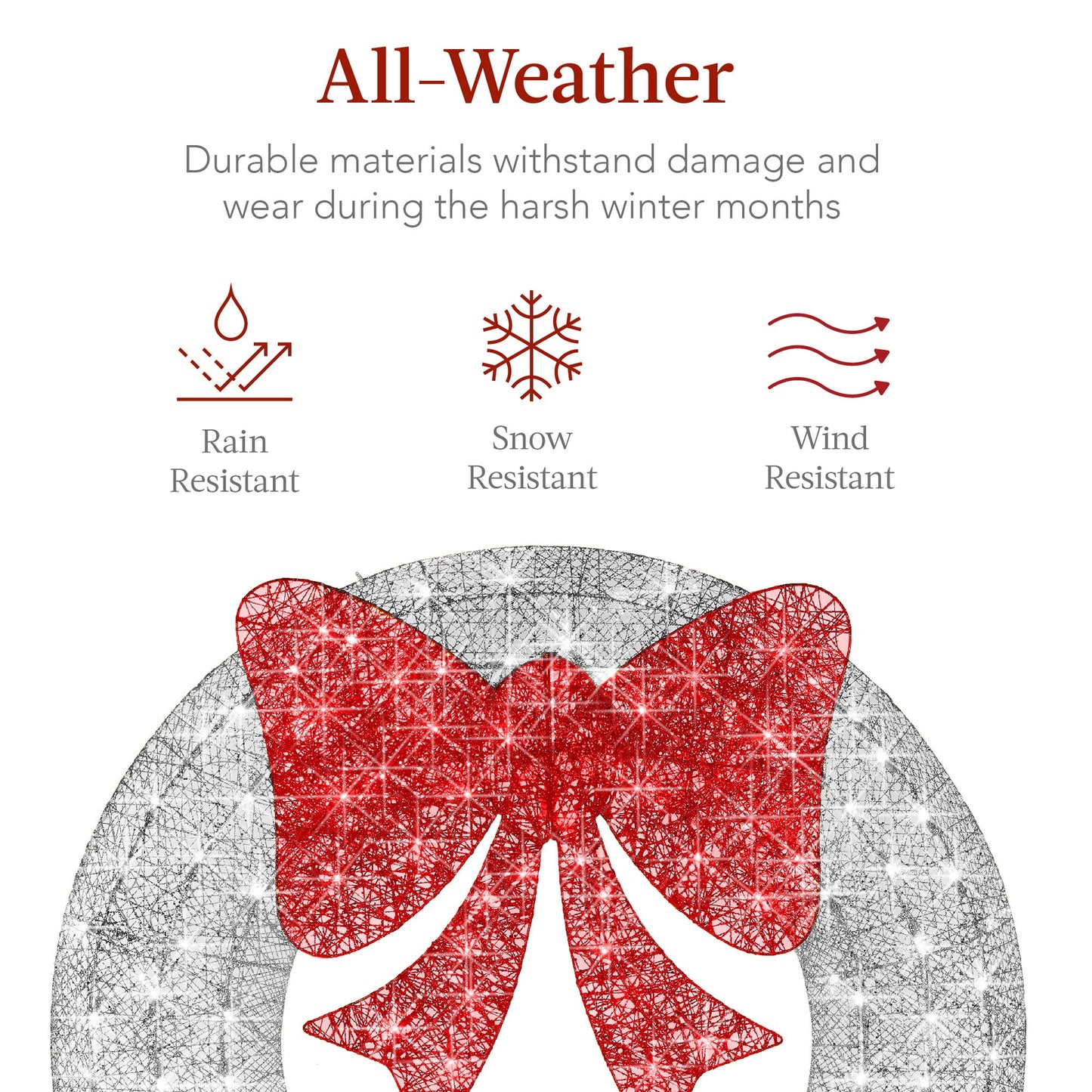 Pre-Lit Outdoor Christmas Wreath, LED Metal Holiday Decor w/ Bow - 36in