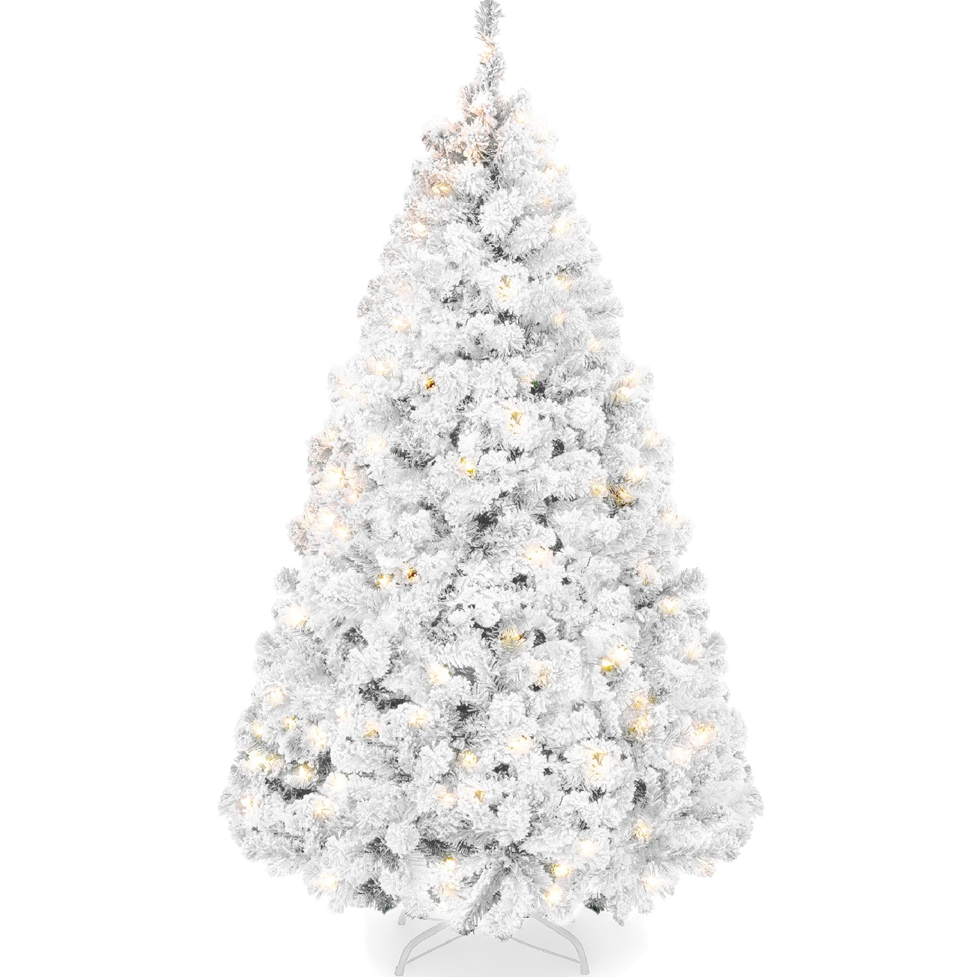 Pre-Lit White Snow Flocked Artificial Pine Christmas Tree w/ 2-in-1 Lights