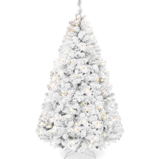 Pre-Lit White Snow Flocked Artificial Pine Christmas Tree w/ 2-in-1 Lights