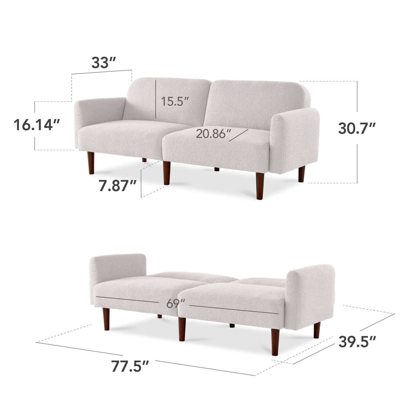 Curved Convertible Futon, Boucle Fabric Split-Back Sleeper Bed