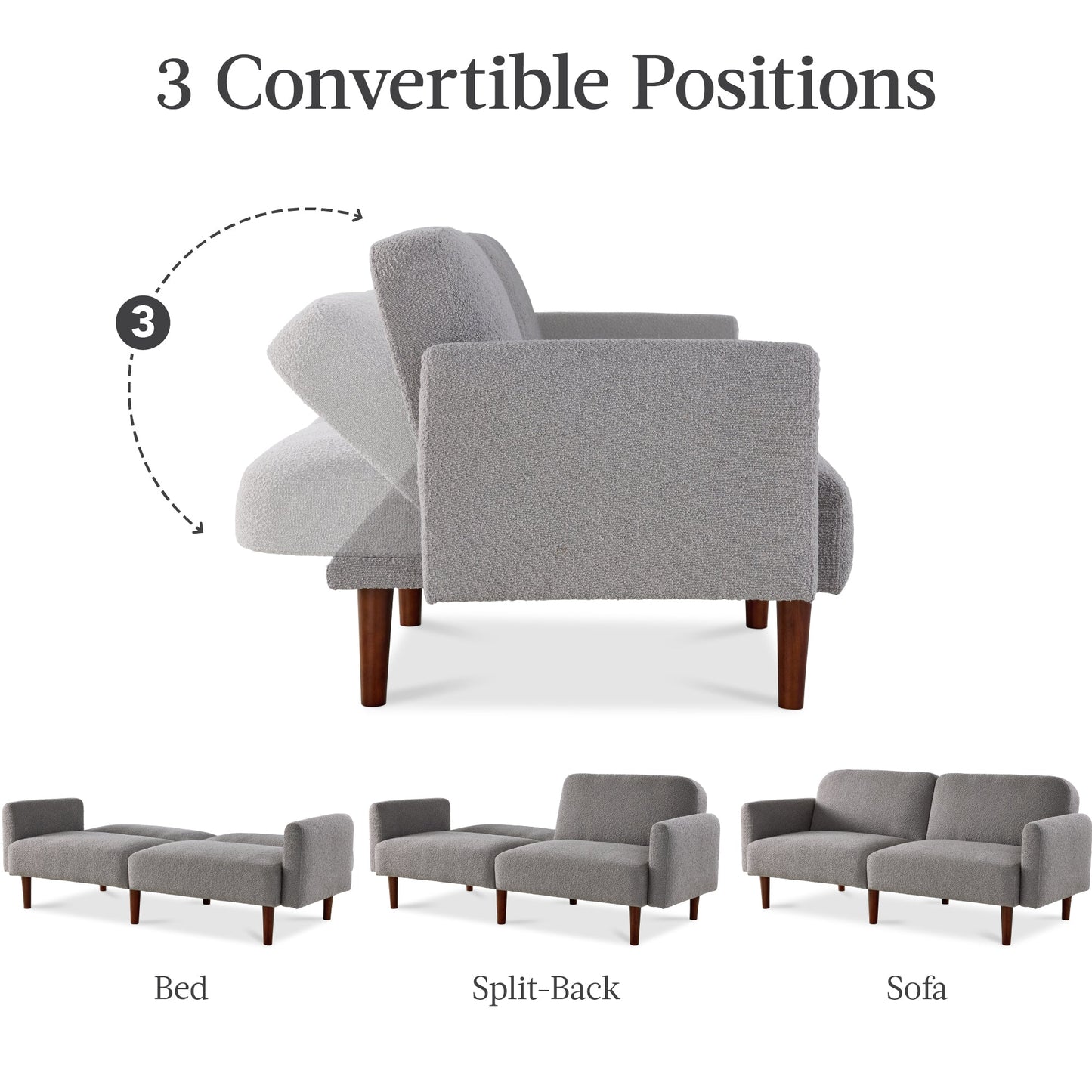 Curved Convertible Futon, Boucle Fabric Split-Back Sleeper Bed