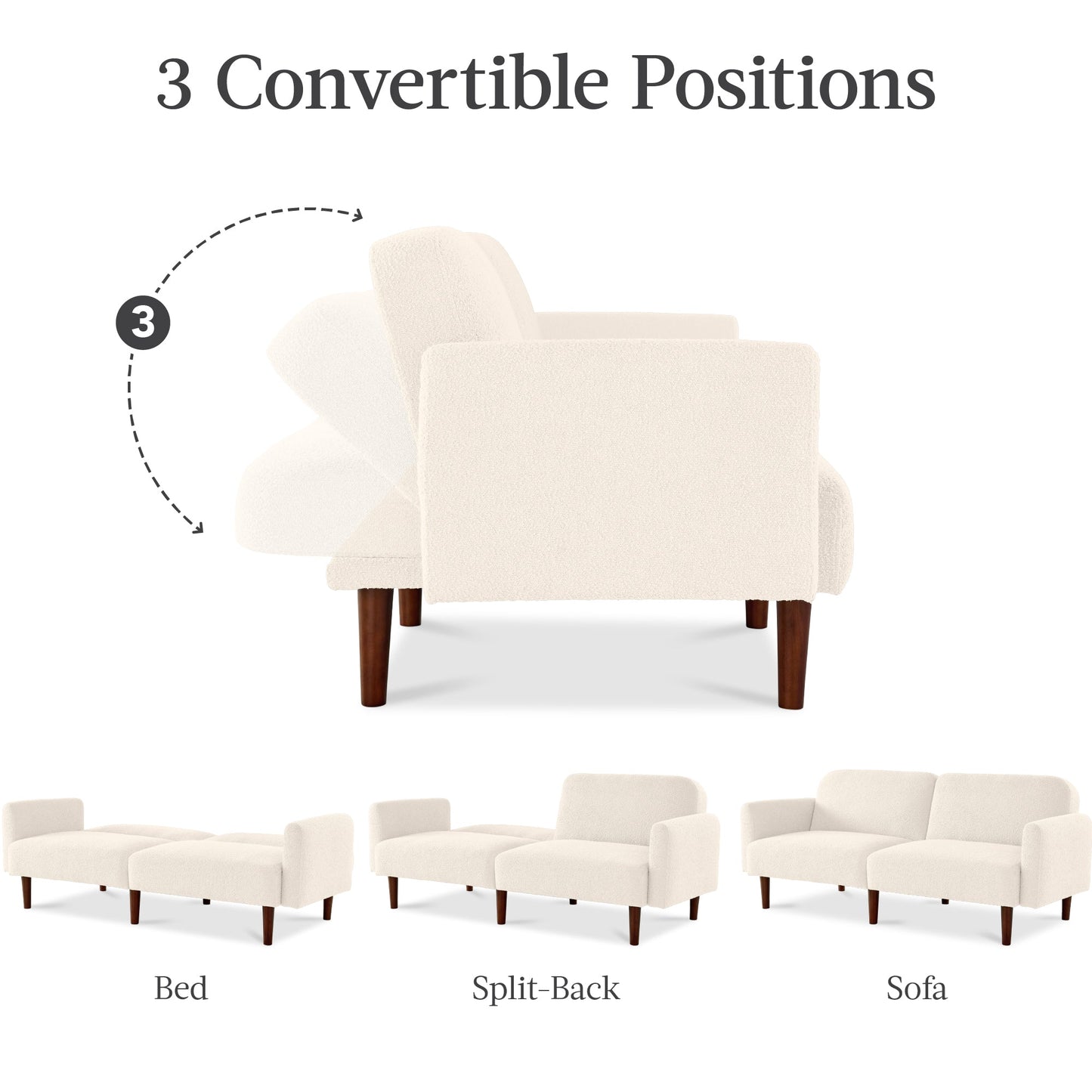 Curved Convertible Futon, Boucle Fabric Split-Back Sleeper Bed