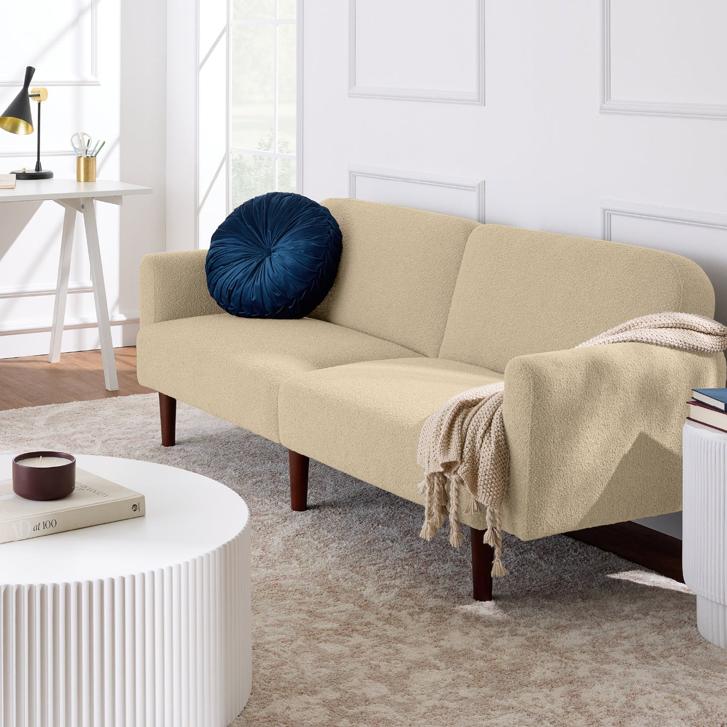 Curved Convertible Futon, Boucle Fabric Split-Back Sleeper Bed