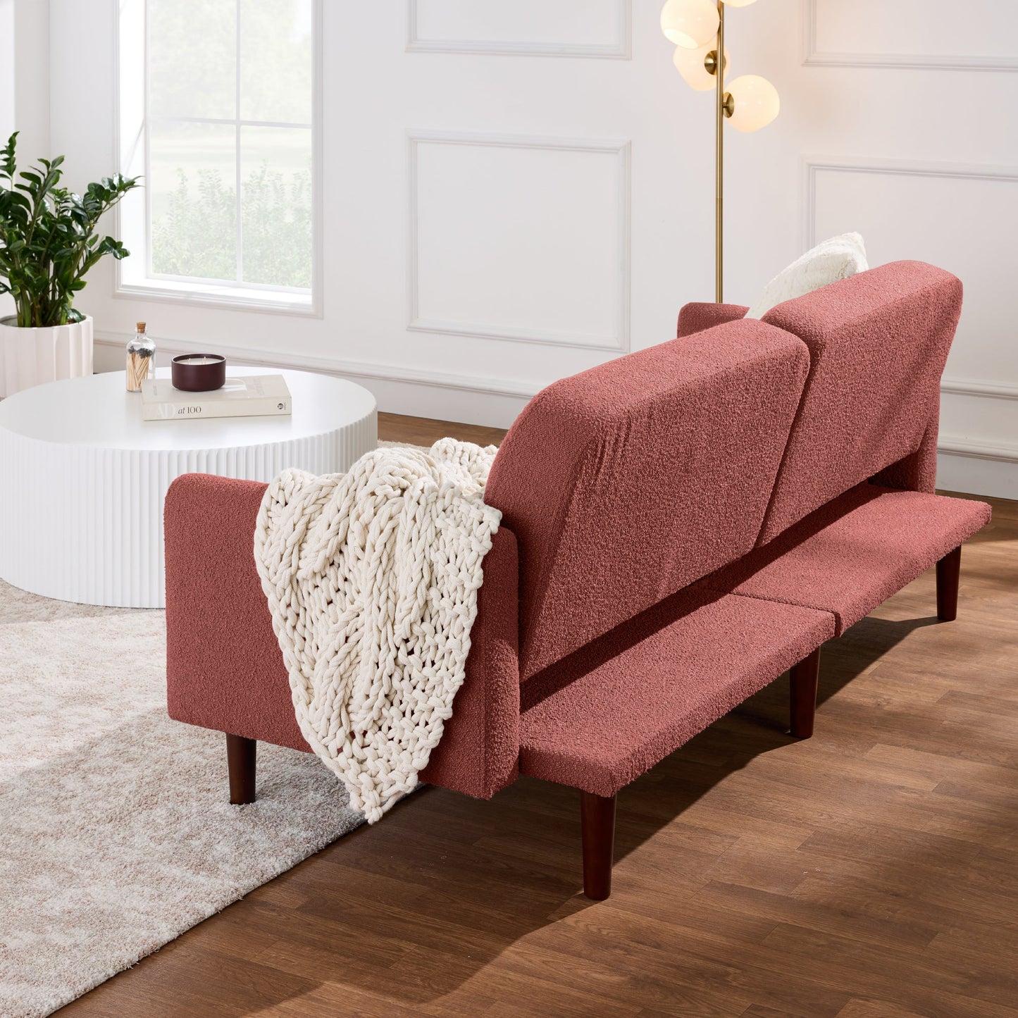 Curved Convertible Futon, Boucle Fabric Split-Back Sleeper Bed