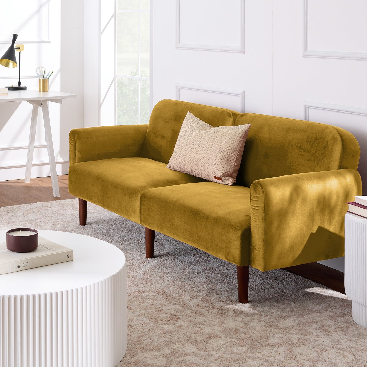 Curved Convertible Futon, Velvet Fabric Split-Back Sleeper Bed