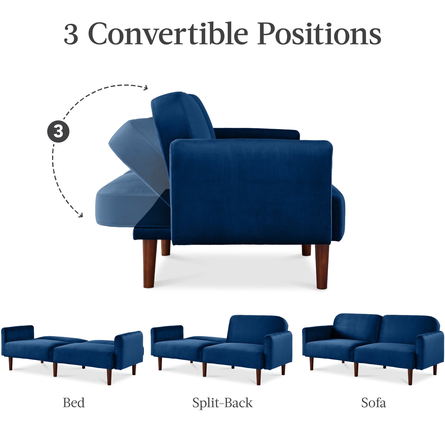 Curved Convertible Futon, Velvet Fabric Split-Back Sleeper Bed