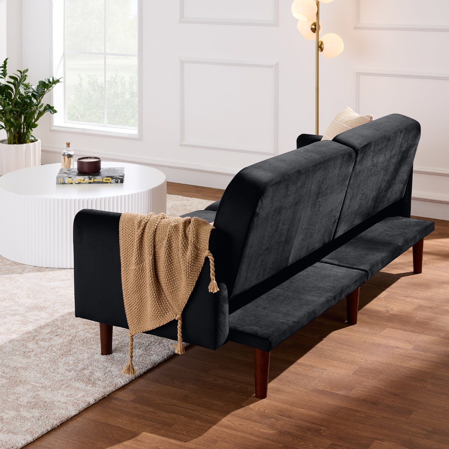 Curved Convertible Futon, Velvet Fabric Split-Back Sleeper Bed