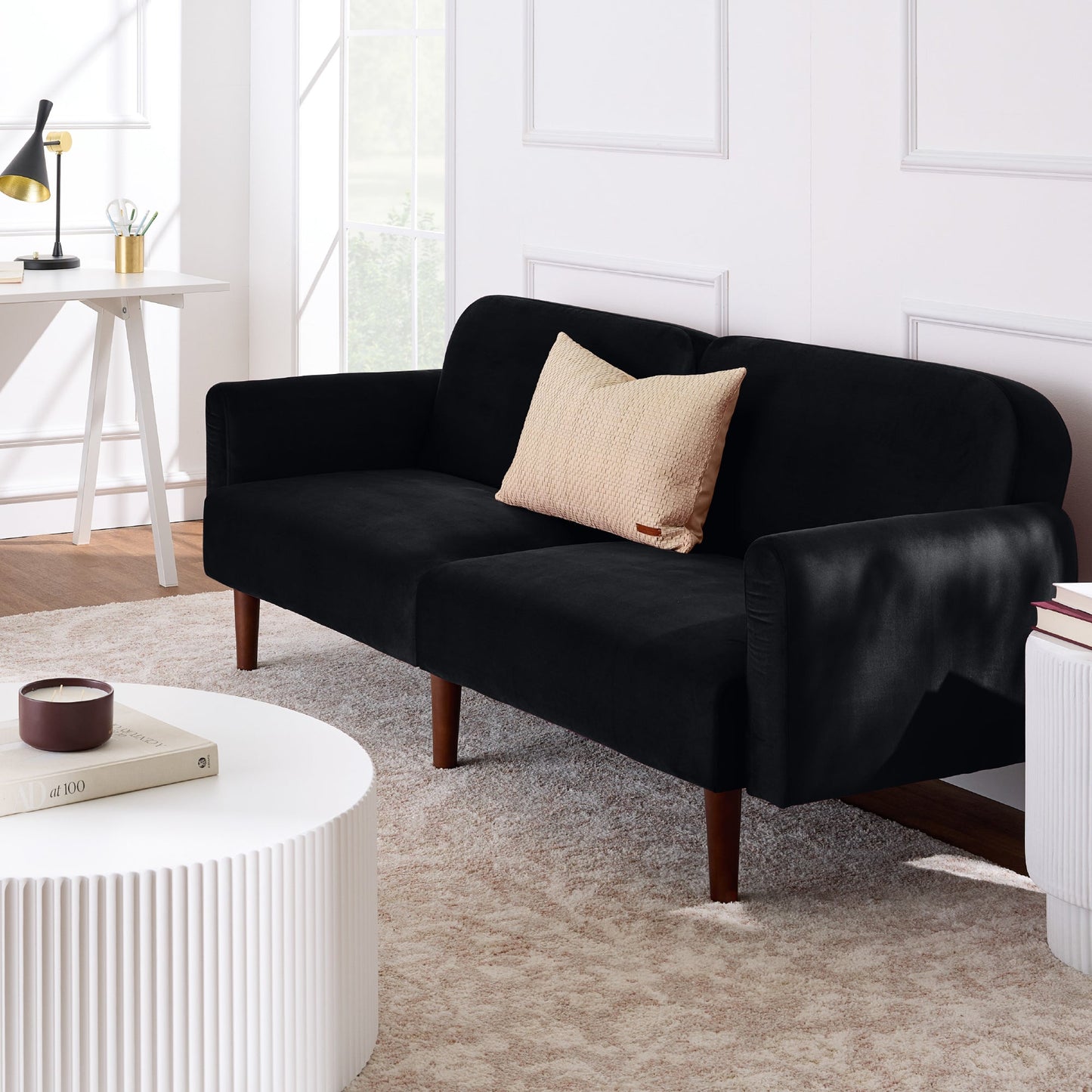 Curved Convertible Futon, Velvet Fabric Split-Back Sleeper Bed