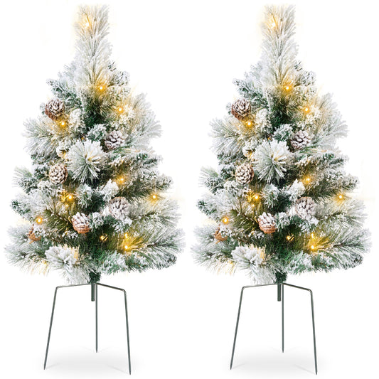 Set of 2 Pre-Lit Pathway Christmas Trees w/ Pine Cones, Timer - 24.5in