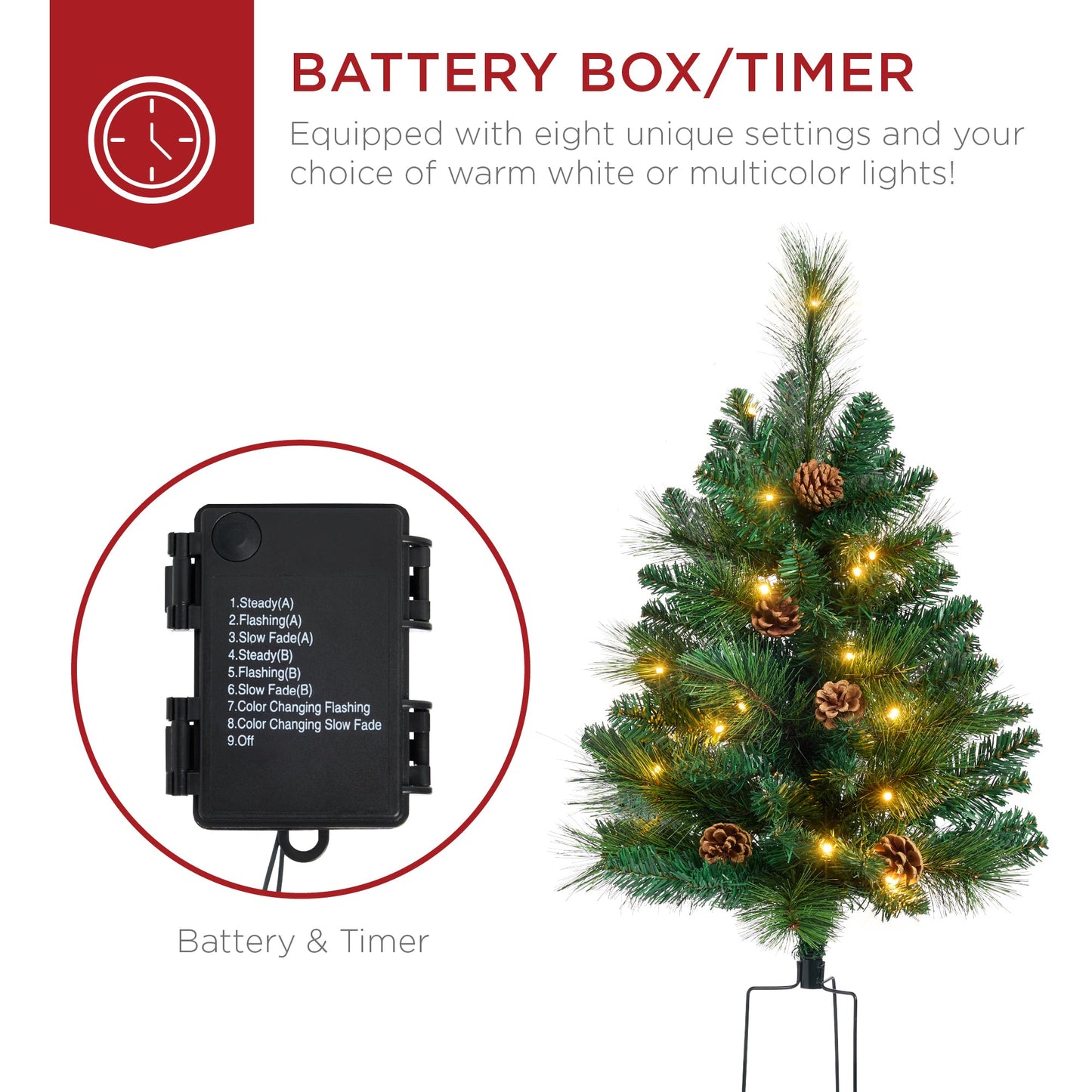 Set of 2 Pre-Lit Pathway Christmas Trees w/ Pine Cones, Timer - 24.5in