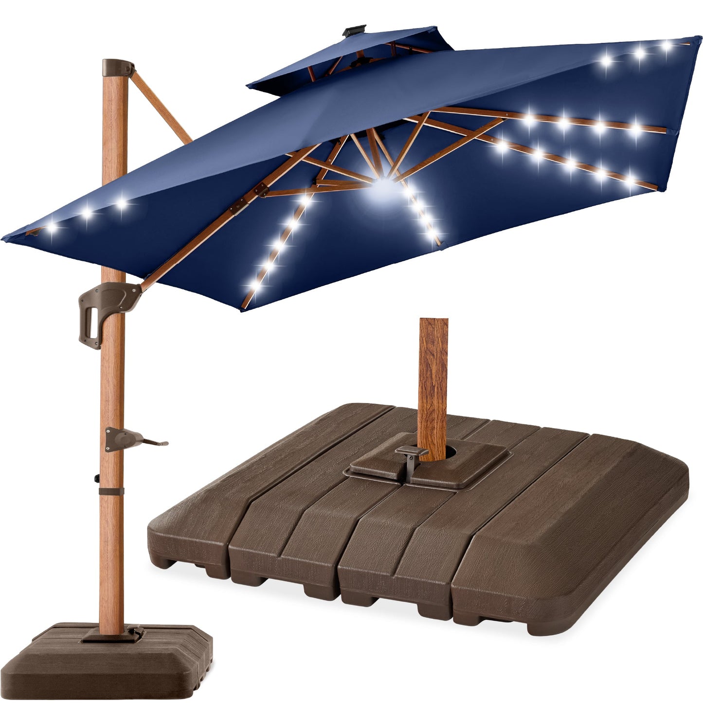 Woodgrain Pattern 2-Tier Outdoor Solar LED Cantilever Umbrella - 10x10ft