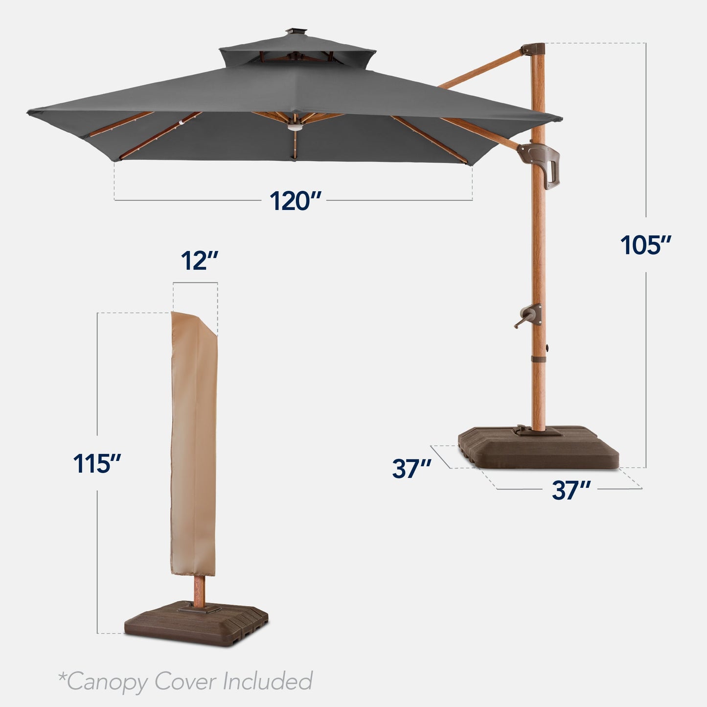 Woodgrain Pattern 2-Tier Outdoor Solar LED Cantilever Umbrella - 10x10ft