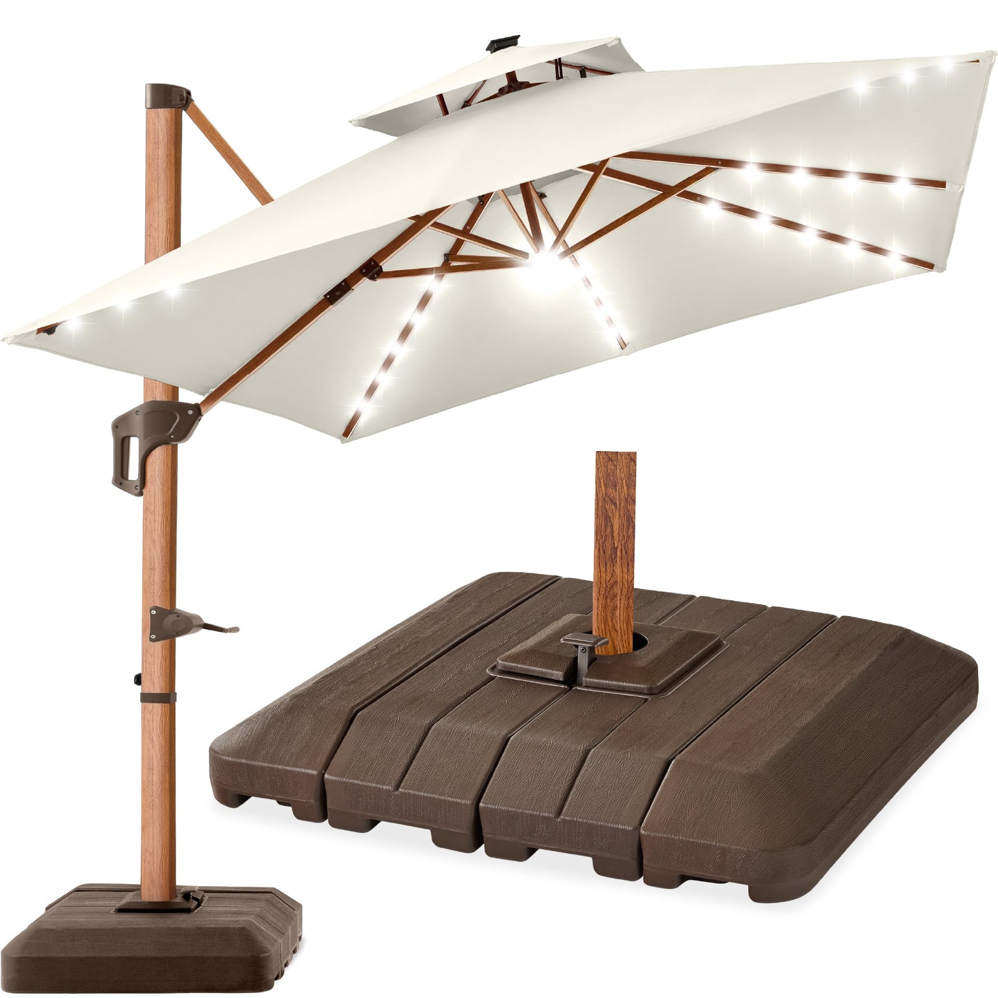 Woodgrain Pattern 2-Tier Outdoor Solar LED Cantilever Umbrella - 10x10ft
