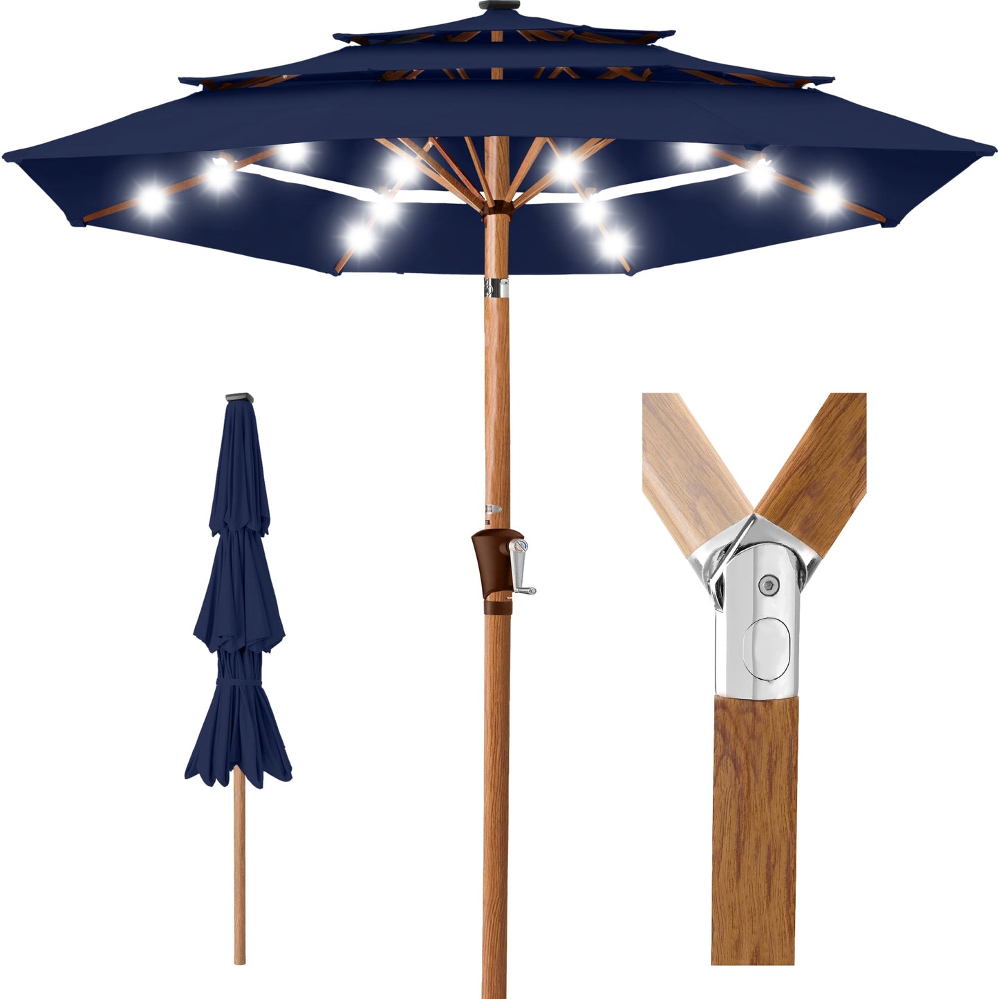 3-Tier Woodgrain Pattern Solar Patio Umbrella, Tilt Adjustment - 10ft