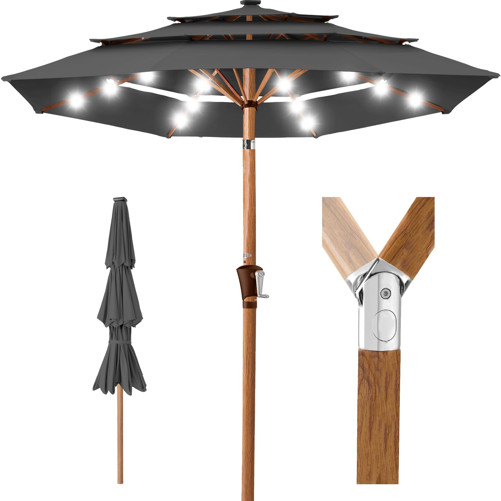 3-Tier Woodgrain Pattern Solar Patio Umbrella, Tilt Adjustment - 10ft