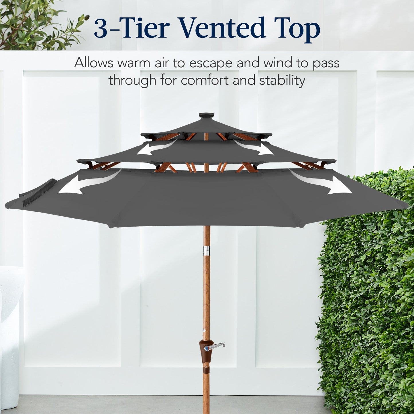 3-Tier Woodgrain Pattern Solar Patio Umbrella, Tilt Adjustment - 10ft