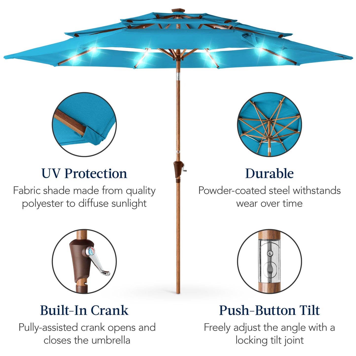3-Tier Woodgrain Pattern Solar Patio Umbrella, Tilt Adjustment - 10ft