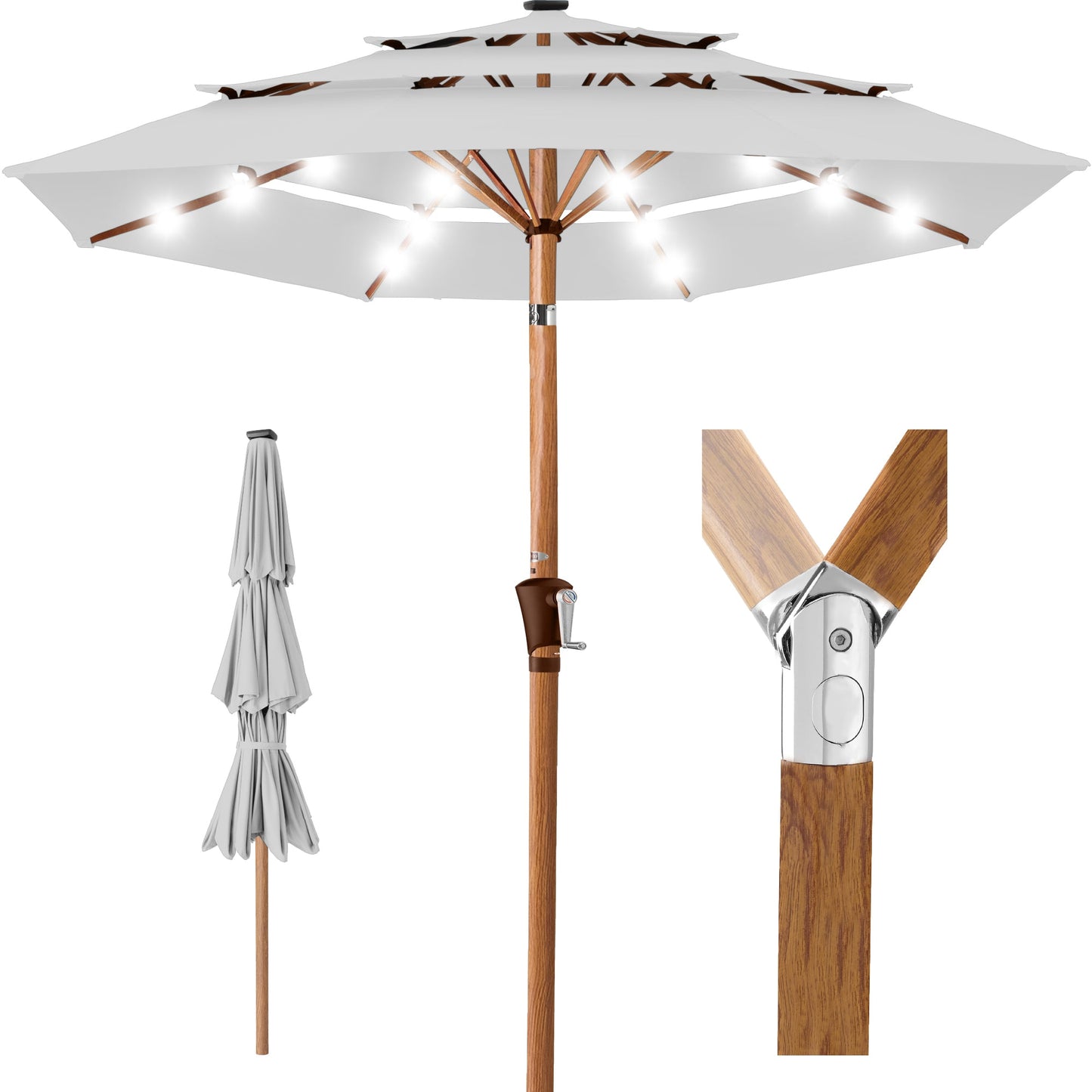 3-Tier Woodgrain Pattern Solar Patio Umbrella, Tilt Adjustment - 10ft