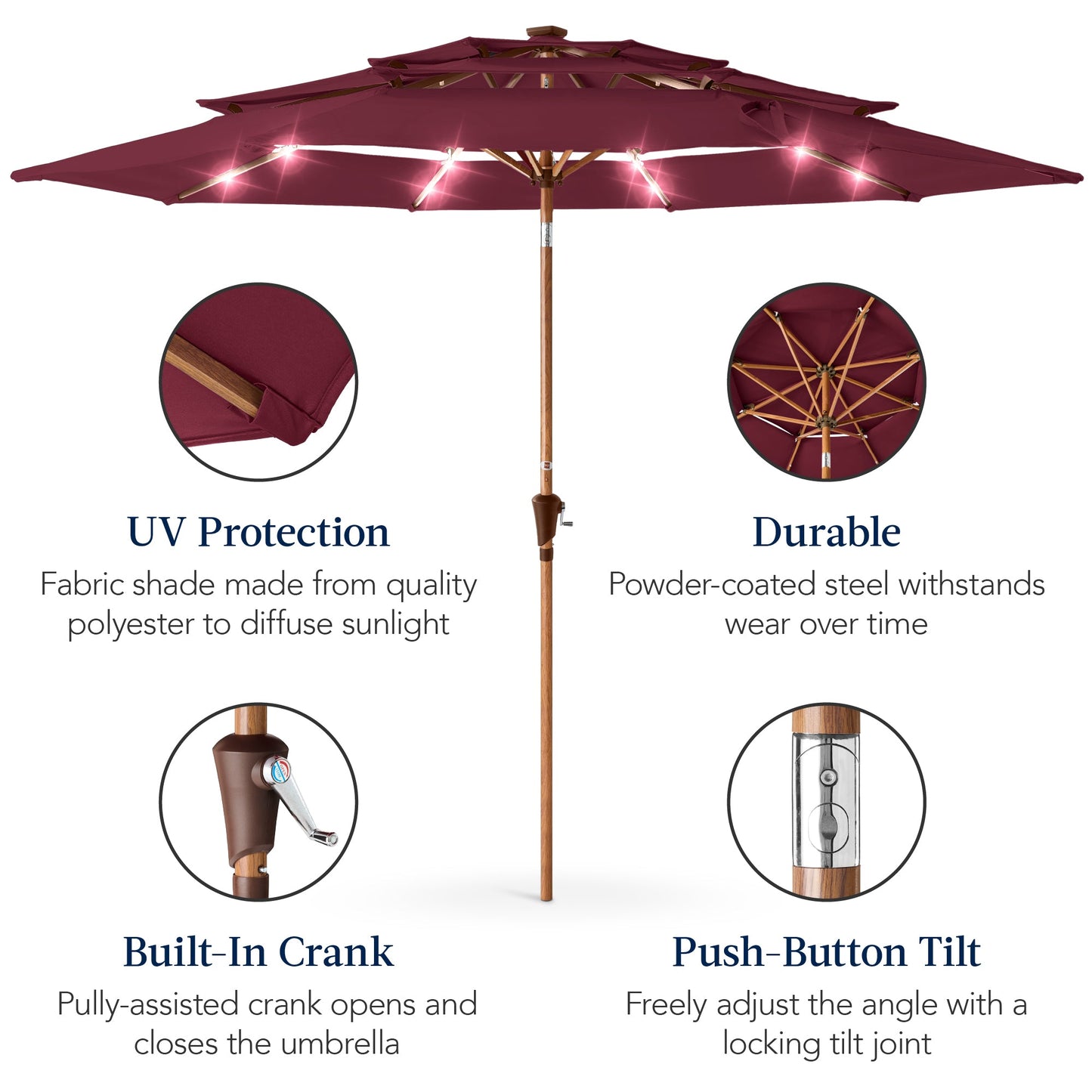 3-Tier Woodgrain Pattern Solar Patio Umbrella, Tilt Adjustment - 10ft