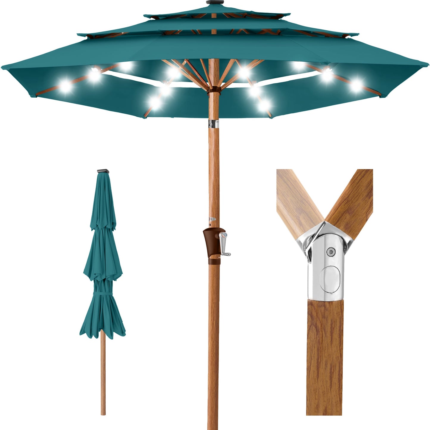 3-Tier Woodgrain Pattern Solar Patio Umbrella, Tilt Adjustment - 10ft