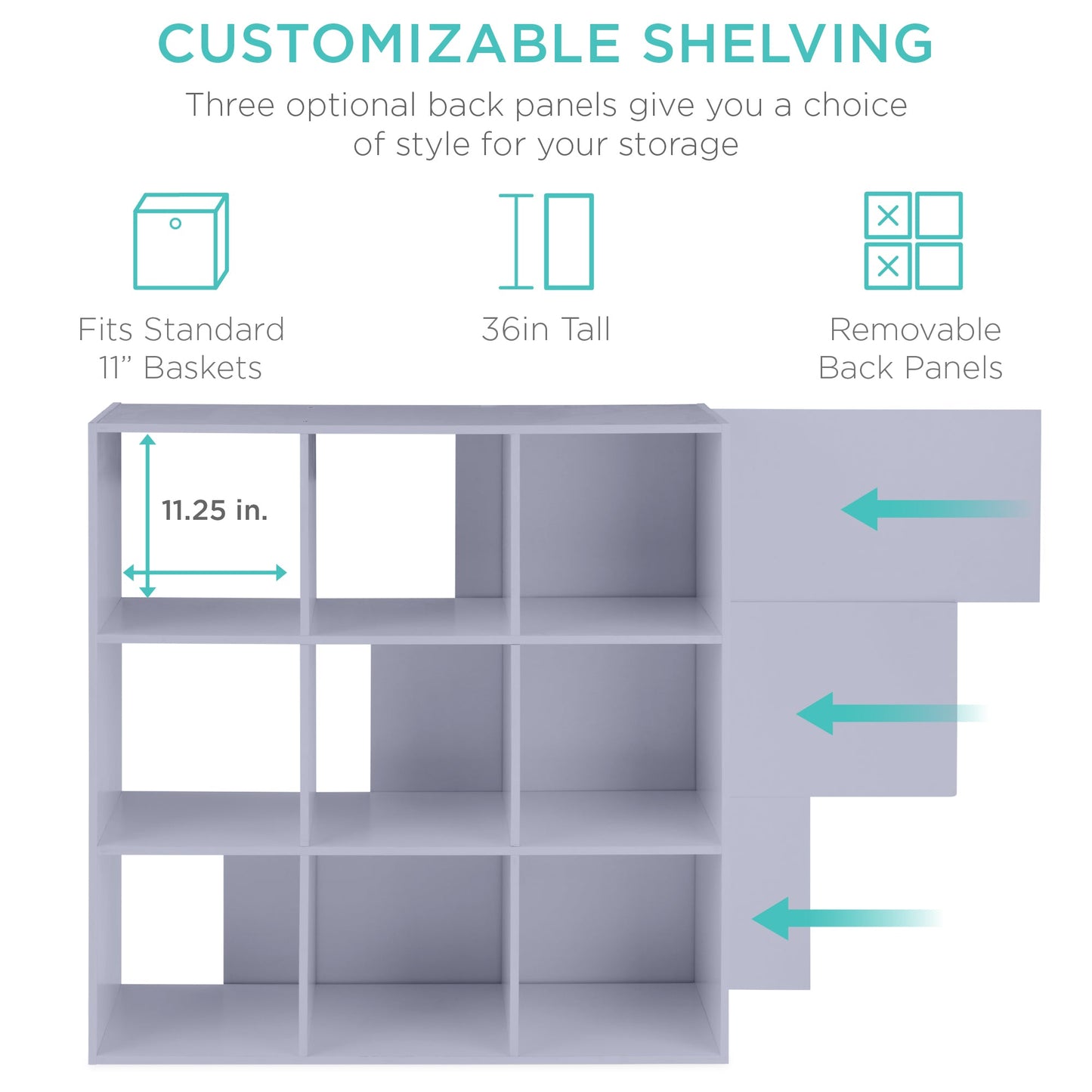 9-Cube Bookshelf Storage Display w/ 3 Removable Panels, Customizable Design