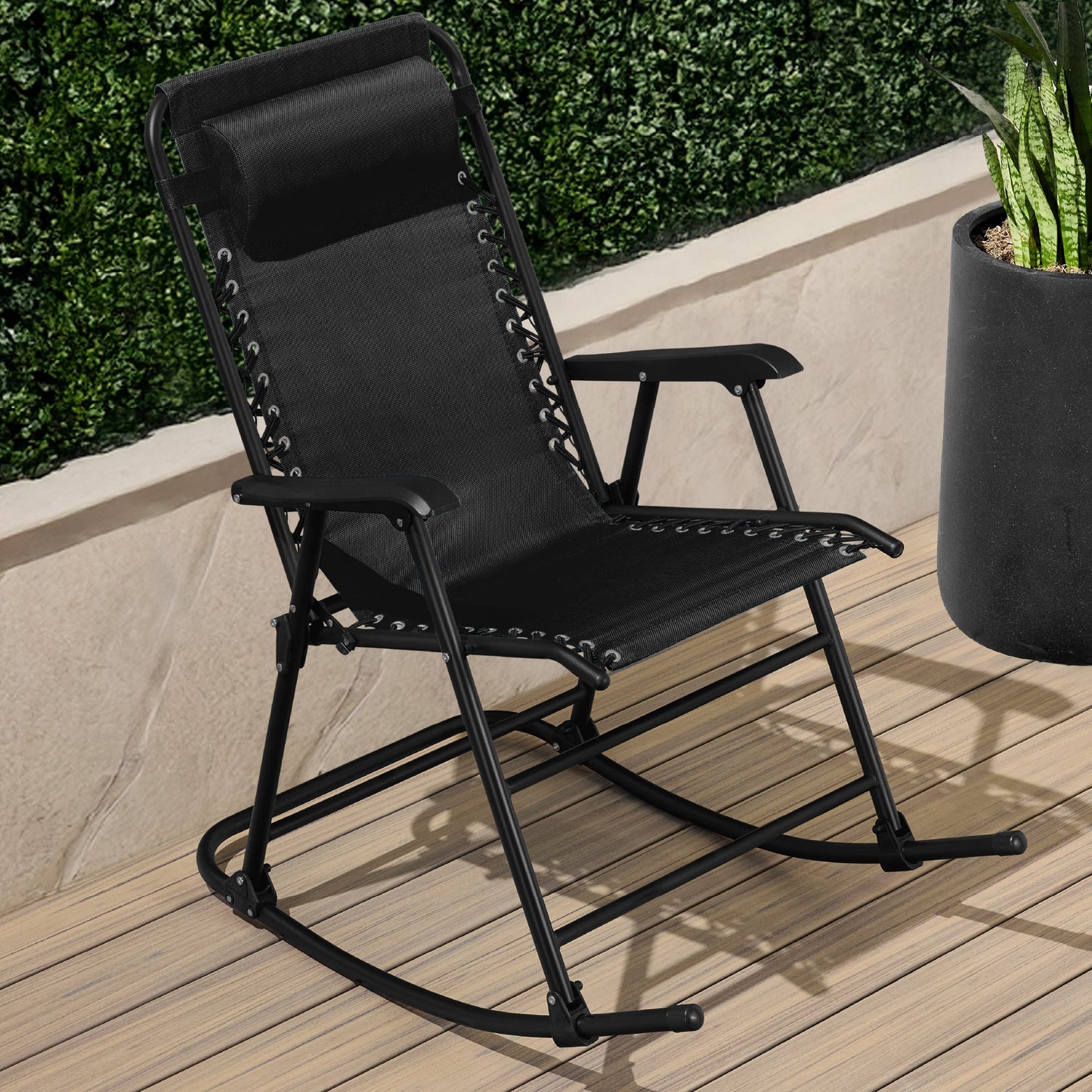 Folding Outdoor Zero Gravity Rocking Lounge Chair w/ Headrest Pillow