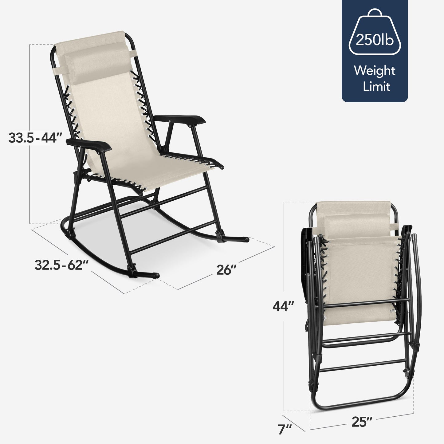 Folding Outdoor Zero Gravity Rocking Lounge Chair w/ Headrest Pillow