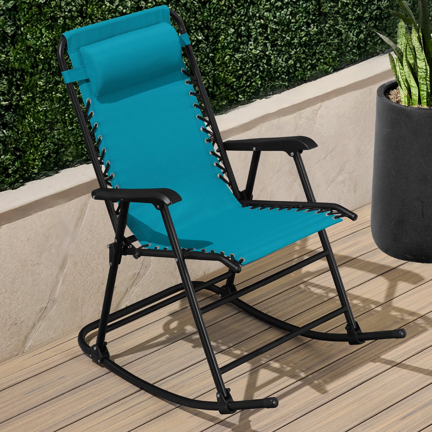 Folding Outdoor Zero Gravity Rocking Lounge Chair w/ Headrest Pillow