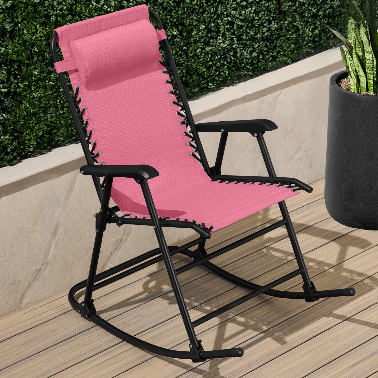 Folding Outdoor Zero Gravity Rocking Lounge Chair w/ Headrest Pillow
