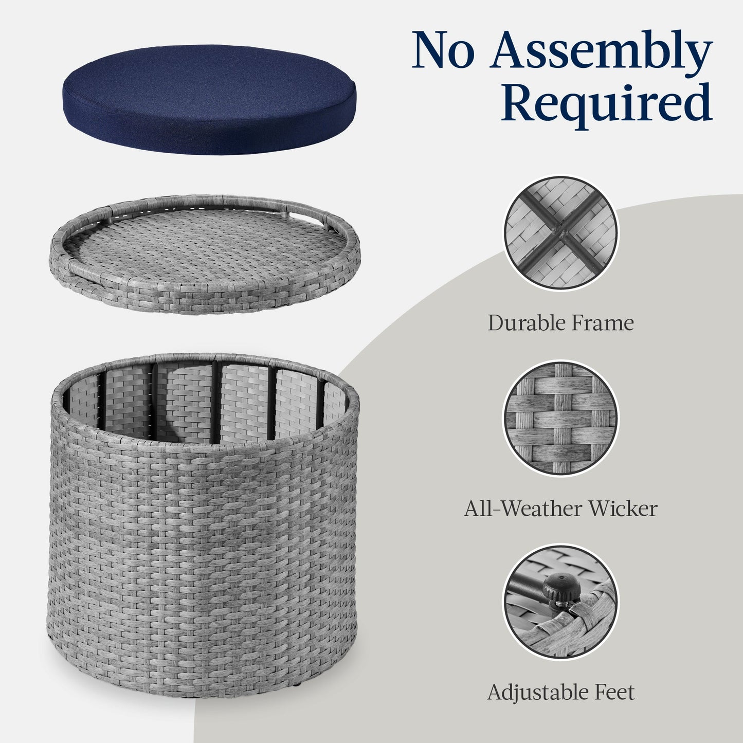 Round Wicker Ottoman, Multipurpose Furniture w/ Removable Cushion