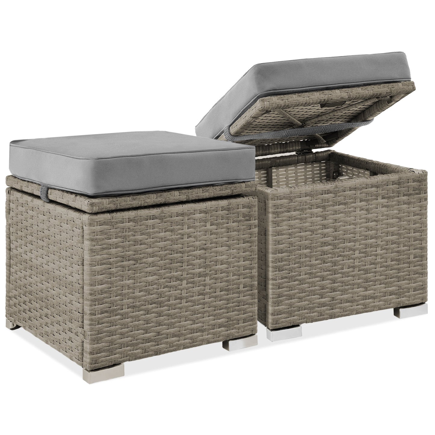 Set of 2 Wicker Ottomans, Multipurpose w/ Removable Cushions, Steel Frame