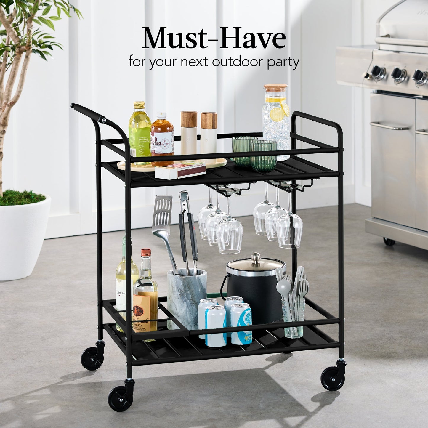 2-Tier Rolling Bar Cart Indoor/Outdoor w/ Shelves, Wine Rack, Locking Wheels
