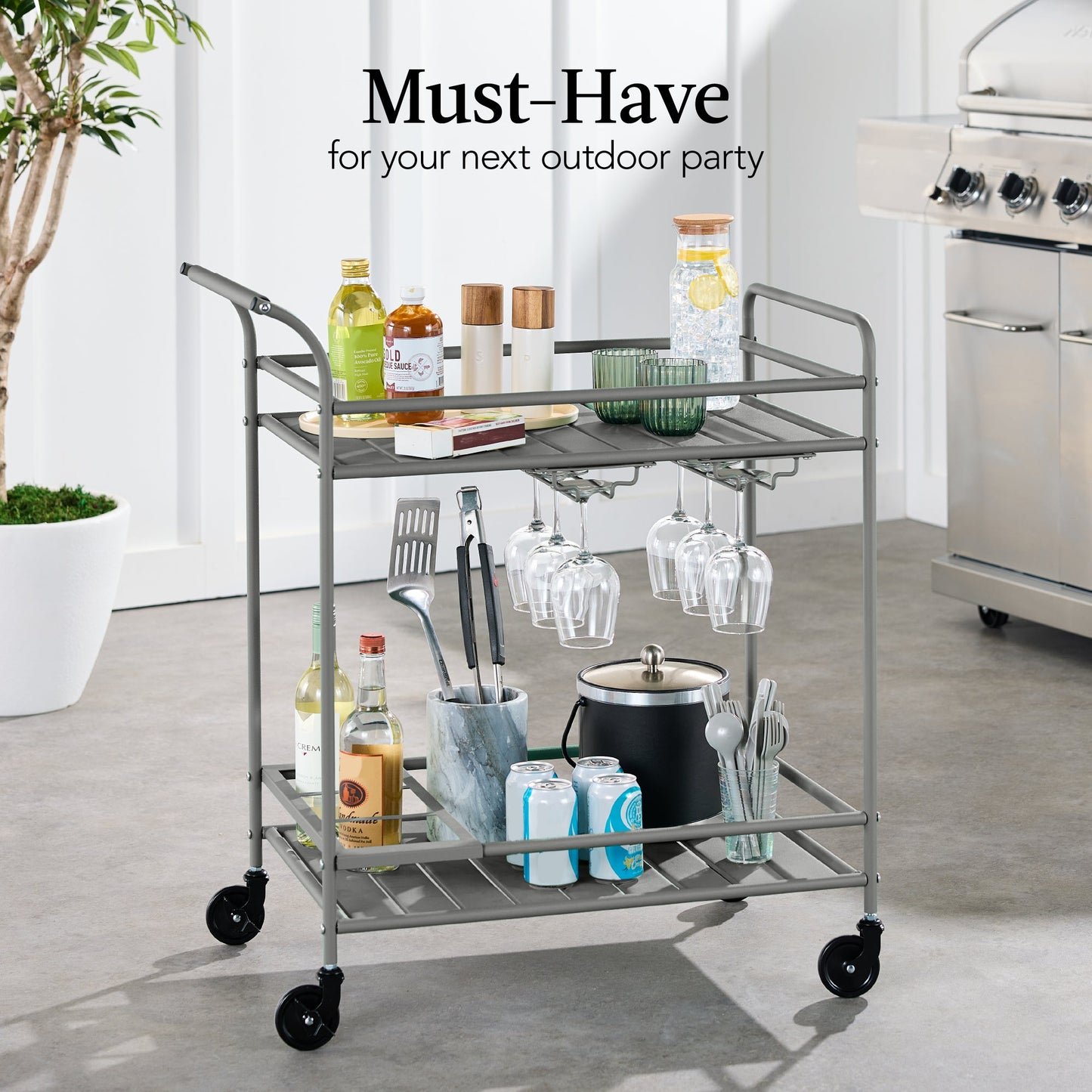 2-Tier Rolling Bar Cart Indoor/Outdoor w/ Shelves, Wine Rack, Locking Wheels