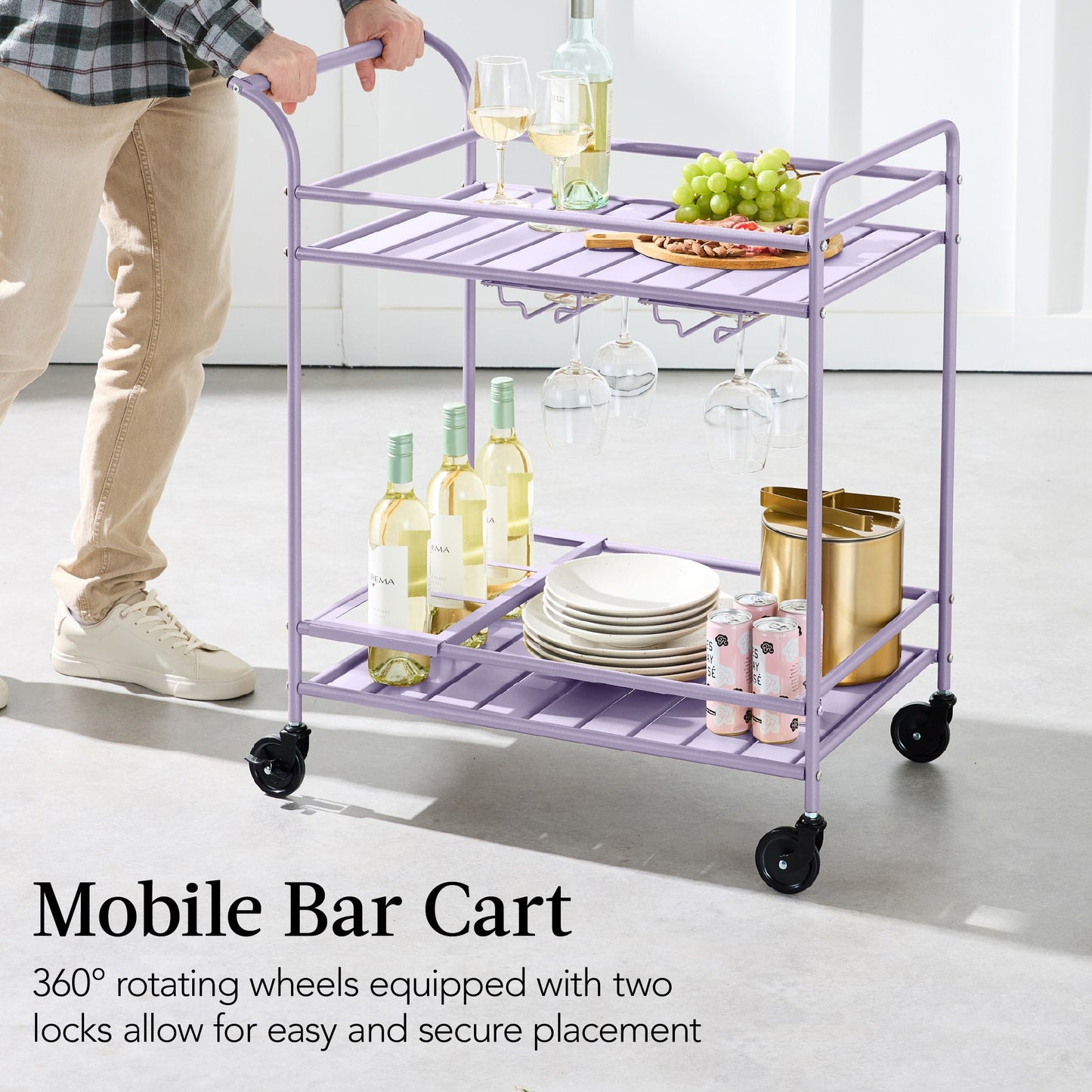 2-Tier Rolling Bar Cart Indoor/Outdoor w/ Shelves, Wine Rack, Locking Wheels
