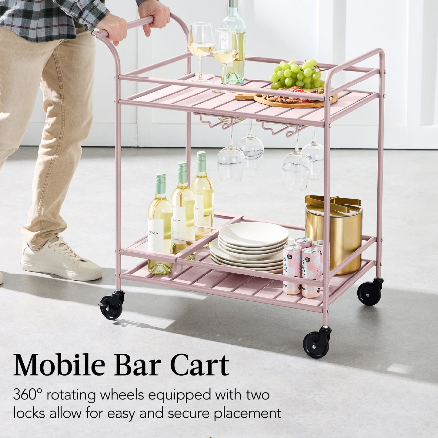 2-Tier Rolling Bar Cart Indoor/Outdoor w/ Shelves, Wine Rack, Locking Wheels