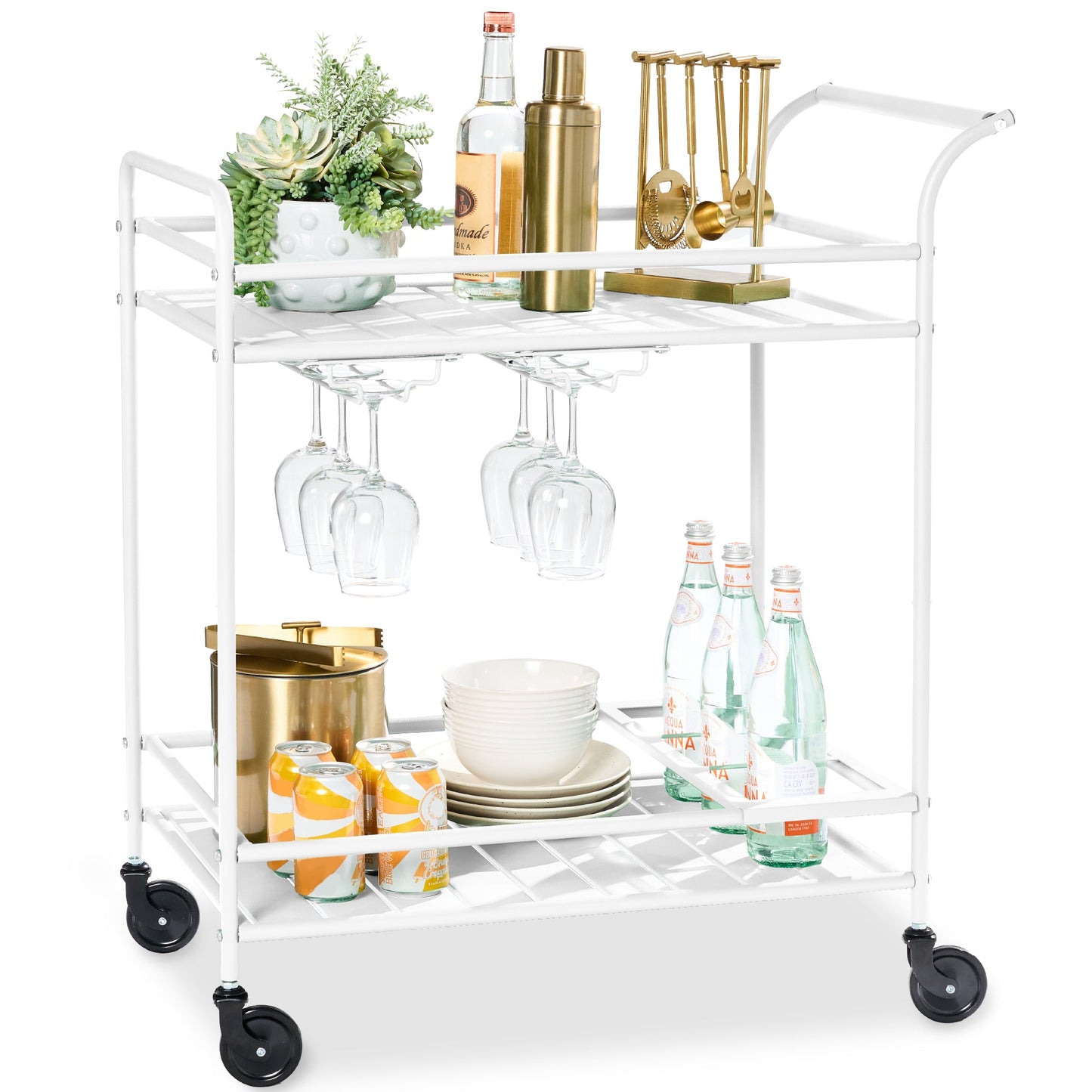 2-Tier Rolling Bar Cart Indoor/Outdoor w/ Shelves, Wine Rack, Locking Wheels