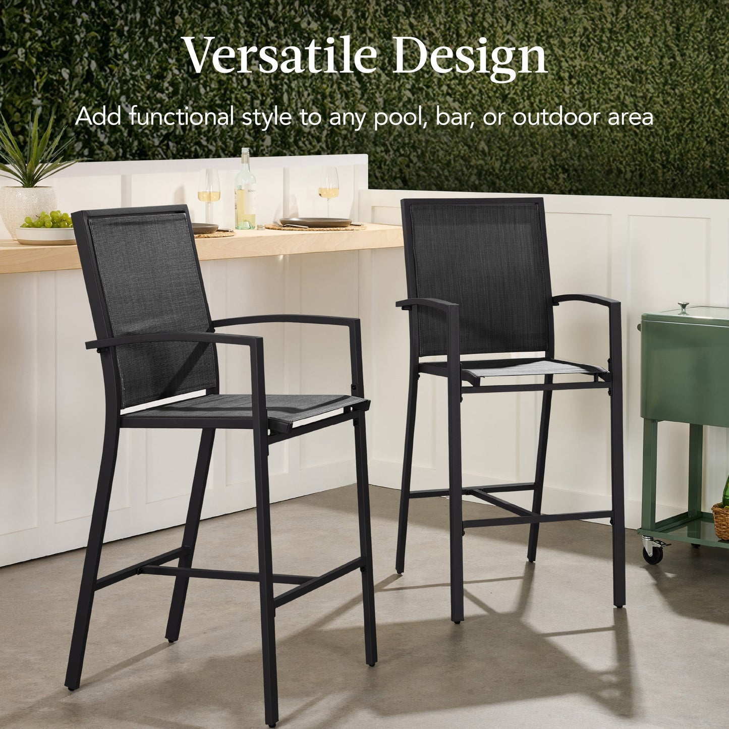 Set of 2 Outdoor Barstools, Patio Chairs w/ Footrests, All-Weather Mesh