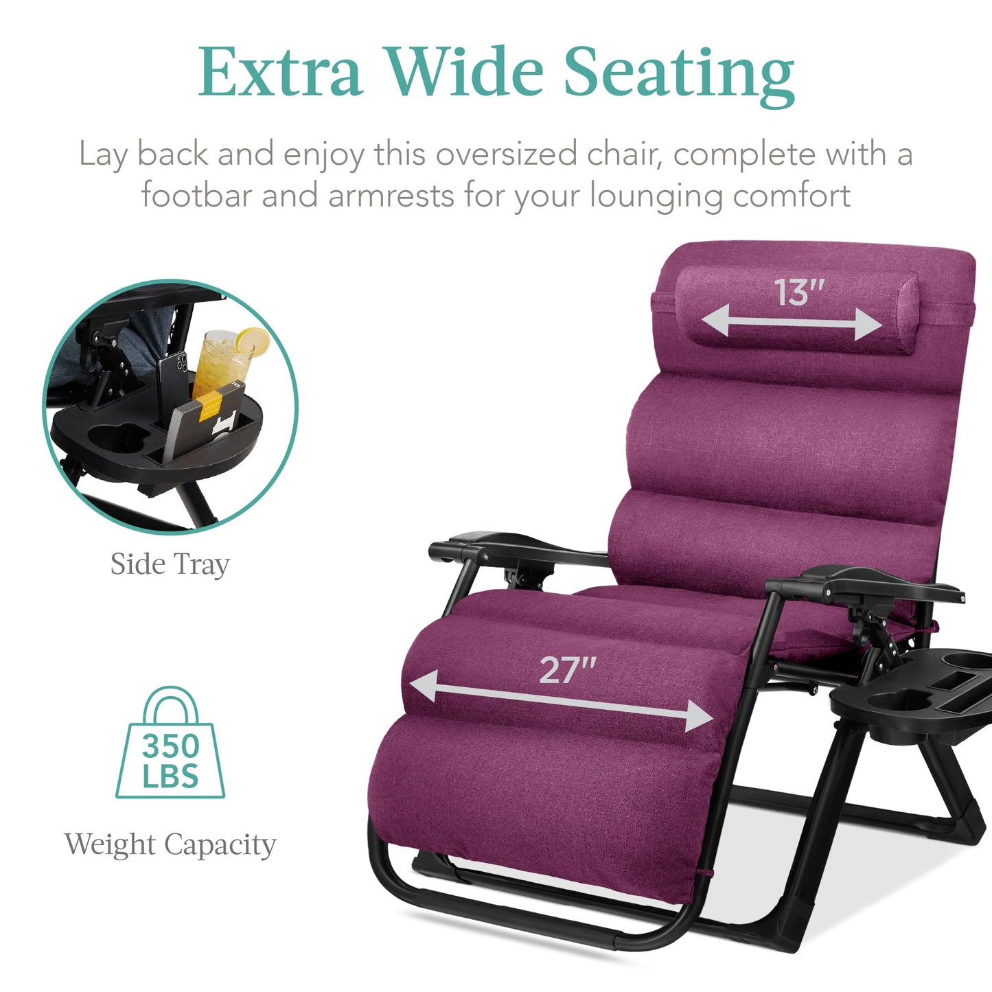 Oversized Zero Gravity Chair, Folding Outdoor Recliner w/ Removable Cushion