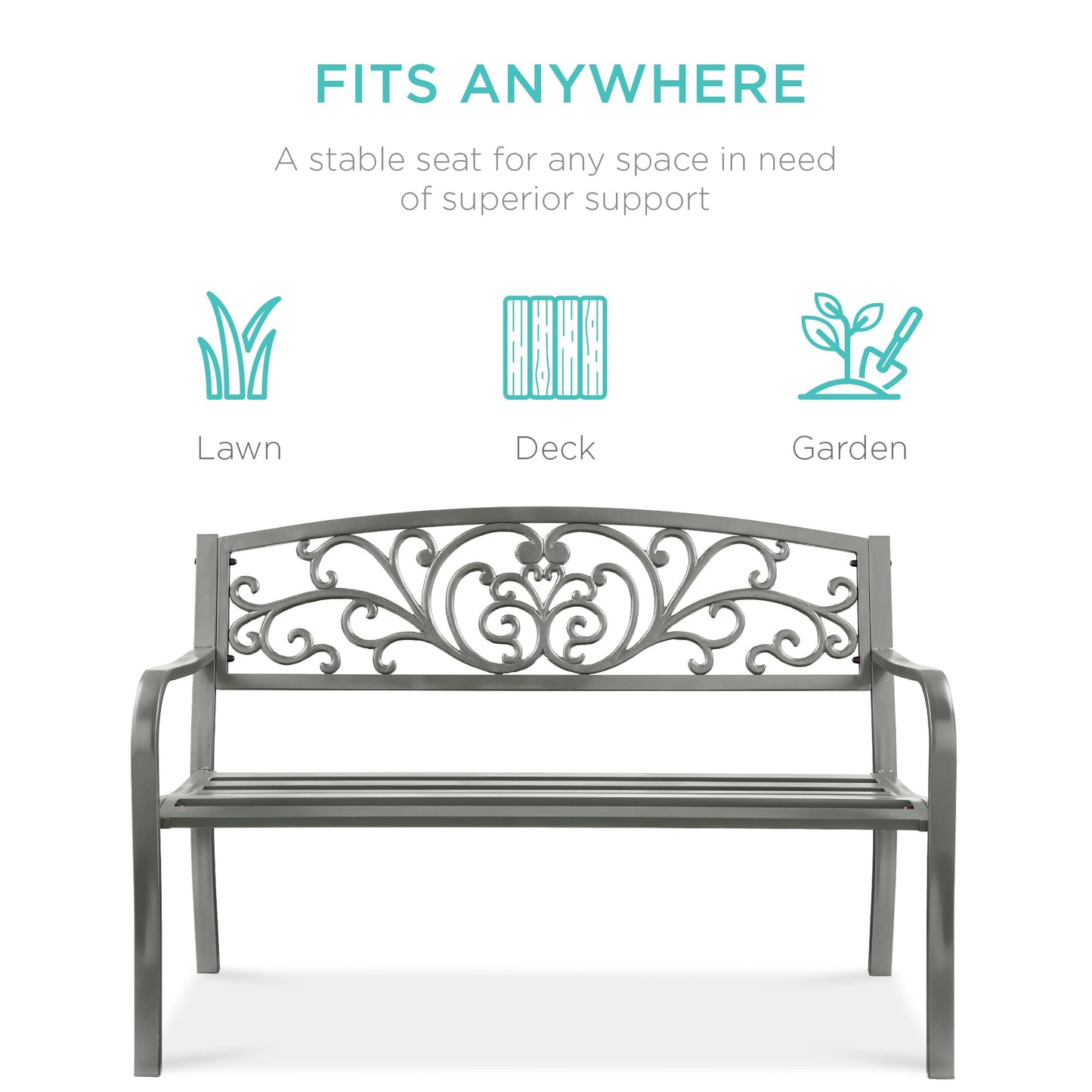 Steel Bench for Outdoor, Patio, Garden w/ Floral Design - 50in