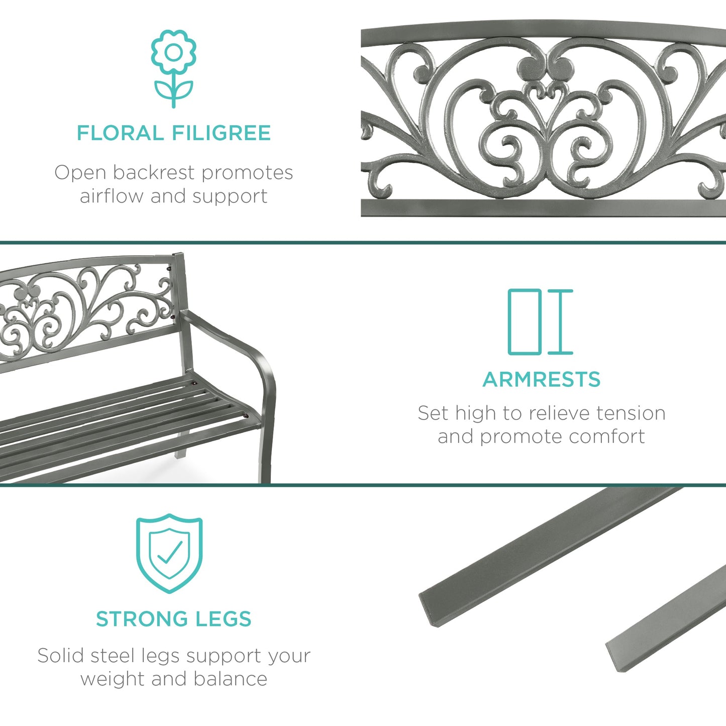 Steel Bench for Outdoor, Patio, Garden w/ Floral Design - 50in