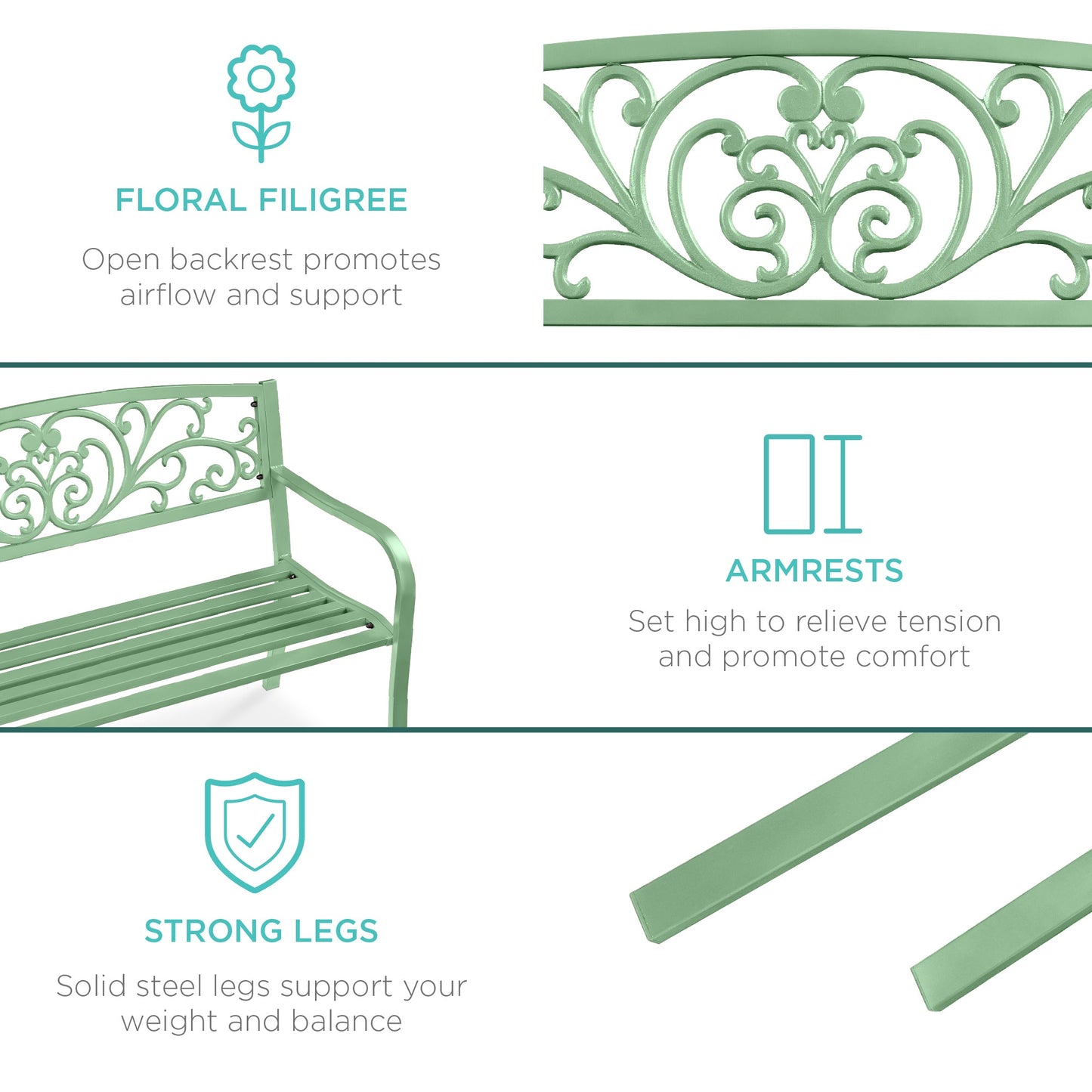 Steel Bench for Outdoor, Patio, Garden w/ Floral Design - 50in