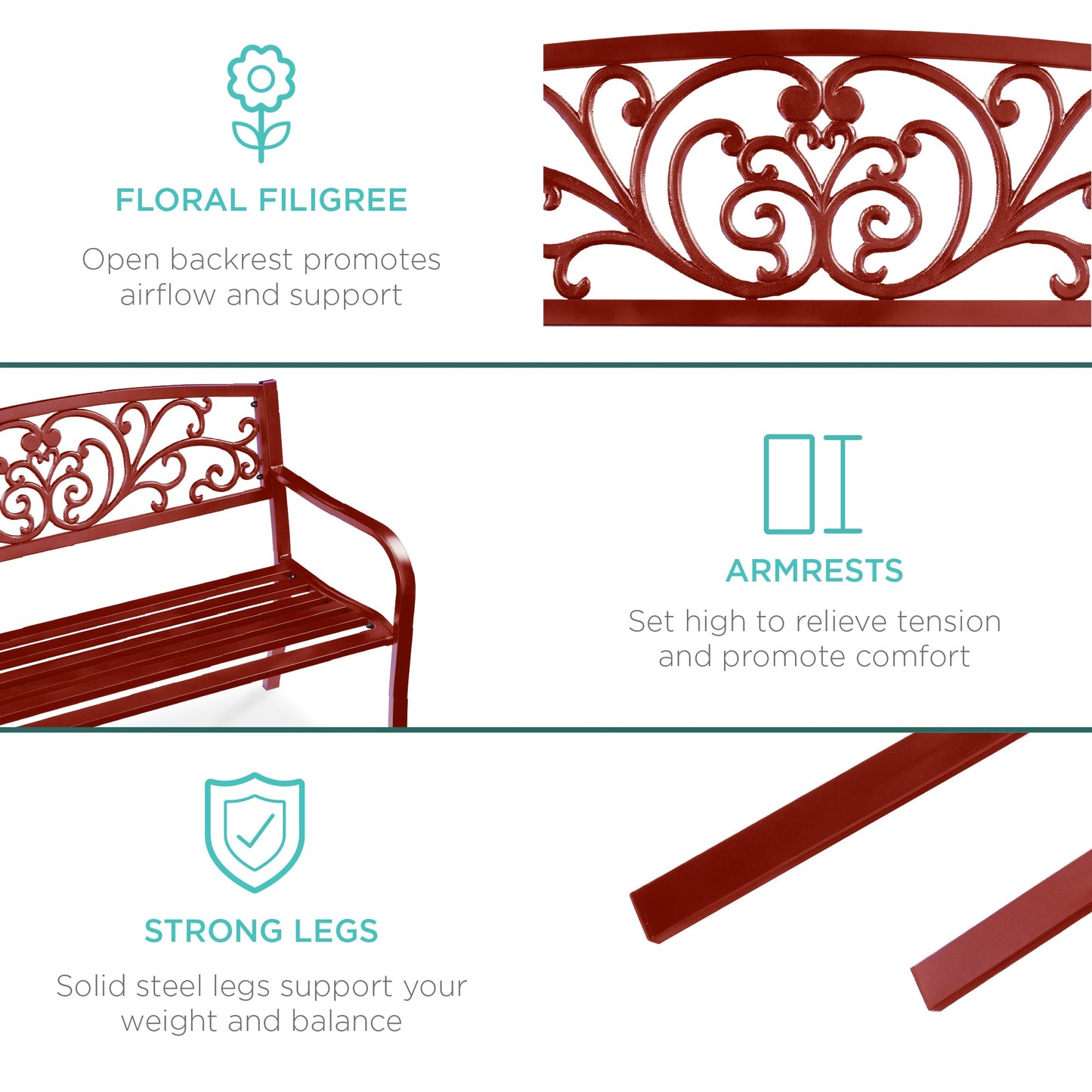 Steel Bench for Outdoor, Patio, Garden w/ Floral Design - 50in