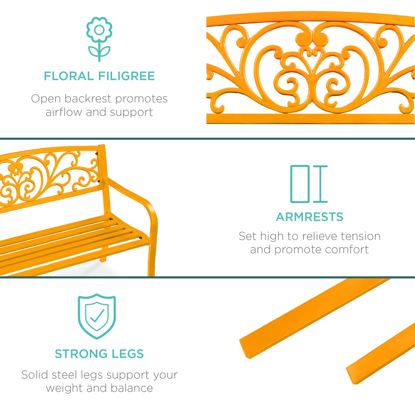 Steel Bench for Outdoor, Patio, Garden w/ Floral Design - 50in