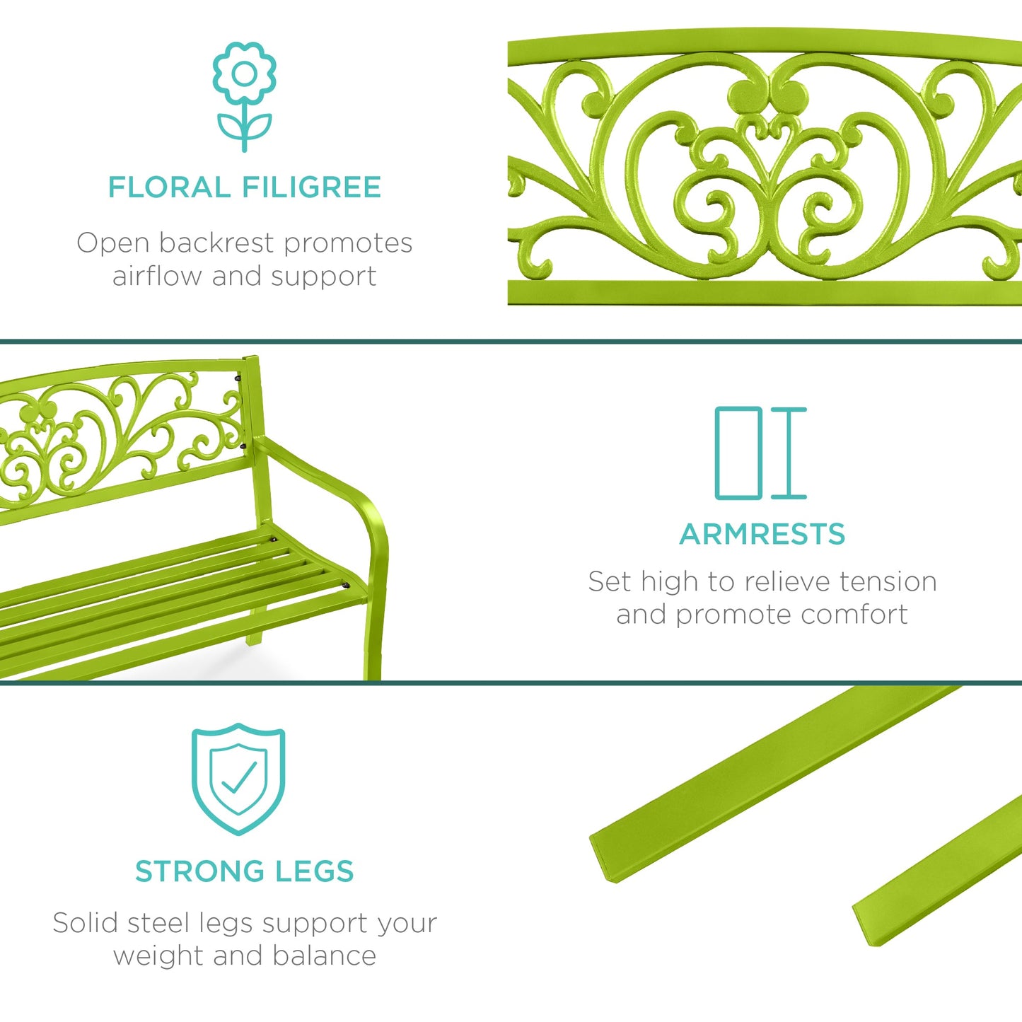 Steel Bench for Outdoor, Patio, Garden w/ Floral Design - 50in