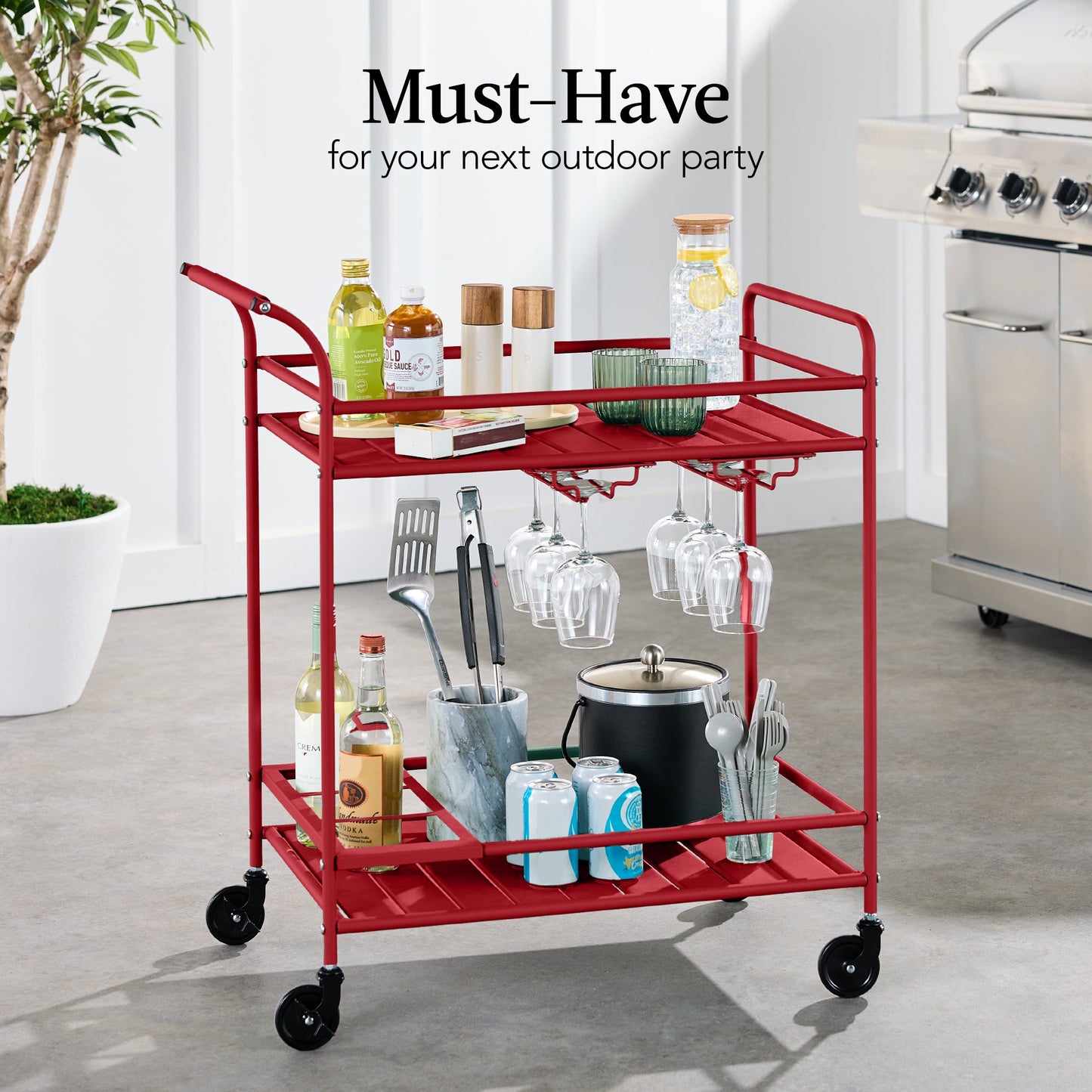 2-Tier Rolling Bar Cart Indoor/Outdoor w/ Shelves, Wine Rack, Locking Wheels