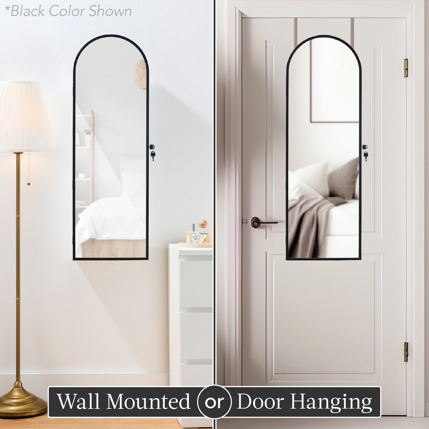 Door/Wall Mounted Arch Mirror Jewelry Armoire, w/ Metal Frame, Built-In Lock